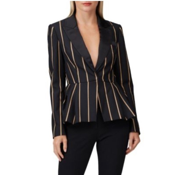 Self Portrait Tailoring Striped Peplum Single Breasted Blazer Jacket Black 2 - Picture 1 of 10